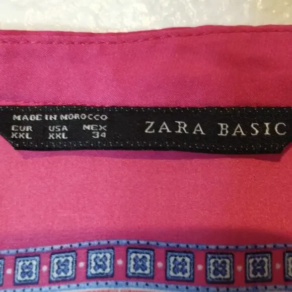 ZARA Basic Size XXL Pink Blue Batik Moroccan Boxy Geometric V-Neck Blouse Top - Picture 5 of 5